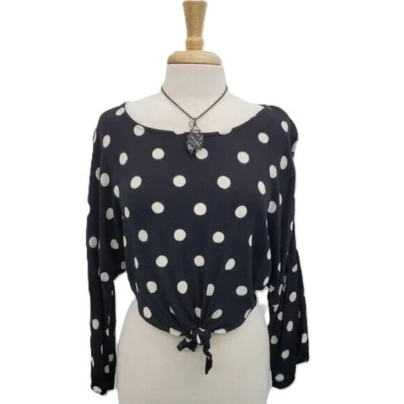 Womens M Billabong Y2K Polka Dot Tie Front Blouse Retro Crop Long Sleeve Top - Picture 1 of 16